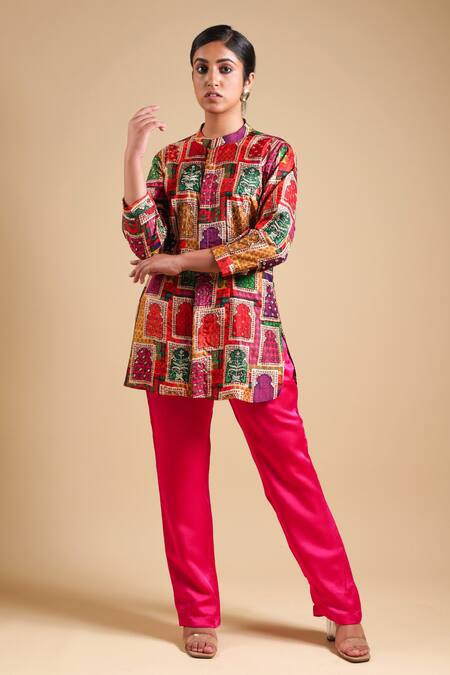Buy Thetaa Pink Pure Silk Printed Jharokha Mandarin Collar Kurta And Straight Pant Set Buy_Thetaa_Pink Pure Silk Printed Jharokha Mandarin Collar Kurta And Straight Pant Set