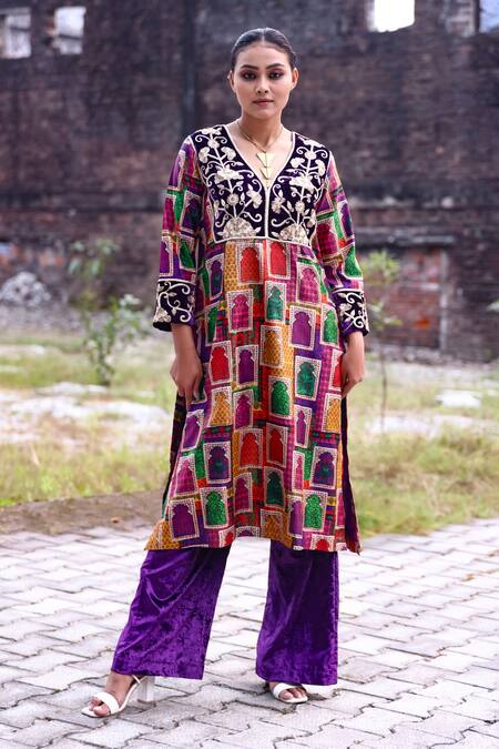 Shop_Thetaa_Multi Color Silk, Viscose, Satin Embroidery, Zari V-neck Zardozi Kurta Set_at_Aza_Fashions