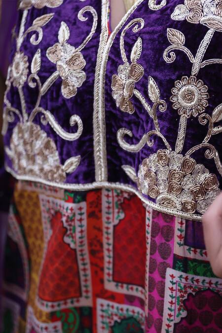 Shop_Thetaa_Multi Color Silk, Viscose, Satin Embroidery, Zari V-neck Zardozi Kurta Set_Online_at_Aza_Fashions