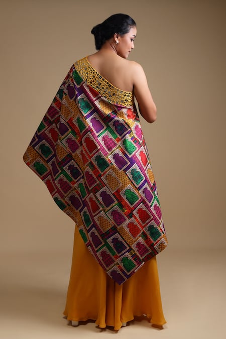 Shop Thetaa Yellow Silk, Viscose, Satin Mirrors, Jharokha Print Kurta And Sharara Set at Aza Fashions Shop_Thetaa_Yellow Silk, Viscose, Satin Mirrors, Jharokha Print Kurta And Sharara Set_at_Aza_Fashions