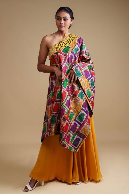 Thetaa Yellow Silk, Viscose, Satin Mirrors, Jharokha Print Kurta And Sharara Set at Aza Fashions Thetaa_Yellow Silk, Viscose, Satin Mirrors, Jharokha Print Kurta And Sharara Set_at_Aza_Fashions