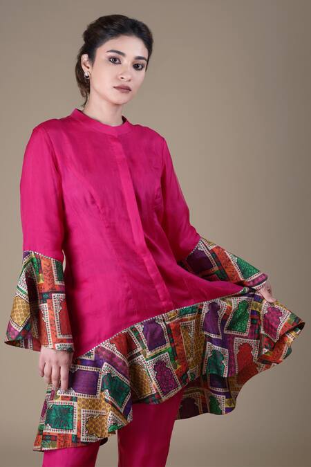Buy_Thetaa_Pink Silk Organza Printed Jharokha Band Collar Border Kurta And Pant Set _Online_at_Aza_Fashions