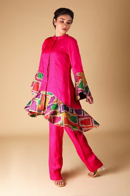 Shop_Thetaa_Pink Silk Organza Printed Jharokha Band Collar Border Kurta And Pant Set _Online_at_Aza_Fashions