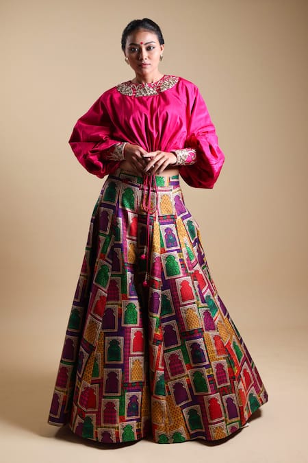 Thetaa Pink Silk, Satin Embroidery Boat Neck Zardozi Neckline Blouse And Lehenga Set at Aza Fashions Thetaa_Pink Silk, Satin Embroidery Boat Neck Zardozi Neckline Blouse And Lehenga Set _at_Aza_Fashions