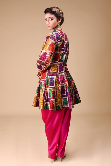 Shop Thetaa Pink Silk Organza, Viscose Embroidery, Zari Mandarin Jharokha Print Kurta Set at Aza Fashions Shop_Thetaa_Pink Silk Organza, Viscose Embroidery, Zari Mandarin Jharokha Print Kurta Set_at_Aza_Fashions