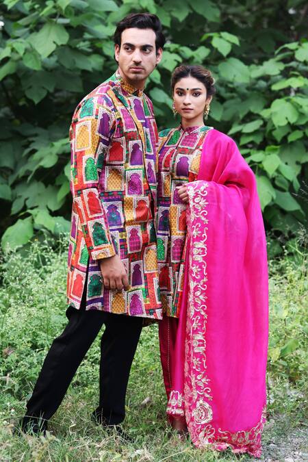 Shop Thetaa Pink Silk Organza, Viscose Embroidery, Zari Mandarin Jharokha Print Kurta Set Online at Aza Fashions Shop_Thetaa_Pink Silk Organza, Viscose Embroidery, Zari Mandarin Jharokha Print Kurta Set_Online_at_Aza_Fashions