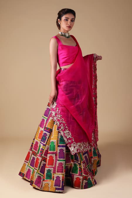 Shop Thetaa Pink , Organza, Viscose Zari Jharokha Print Lehenga Blouse Set at Aza Fashions Shop_Thetaa_Pink , Organza, Viscose Zari Jharokha Print Lehenga Blouse Set _at_Aza_Fashions