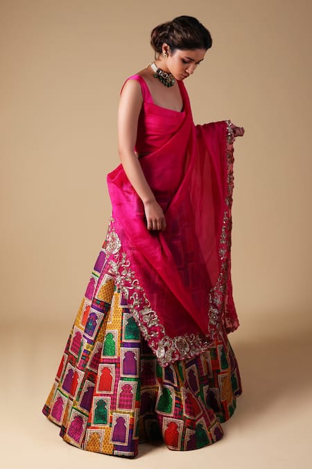 Buy Thetaa Pink , Organza, Viscose Zari Jharokha Print Lehenga Blouse Set Online at Aza Fashions Buy_Thetaa_Pink , Organza, Viscose Zari Jharokha Print Lehenga Blouse Set _Online_at_Aza_Fashions