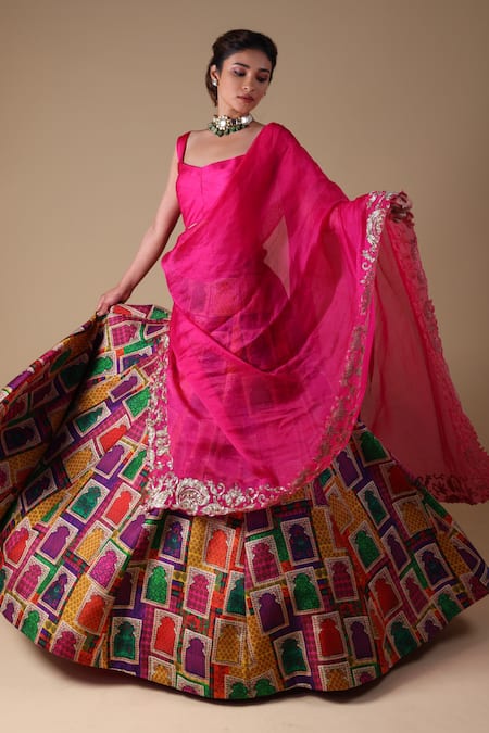 Shop Thetaa Pink , Organza, Viscose Zari Jharokha Print Lehenga Blouse Set Online at Aza Fashions Shop_Thetaa_Pink , Organza, Viscose Zari Jharokha Print Lehenga Blouse Set _Online_at_Aza_Fashions