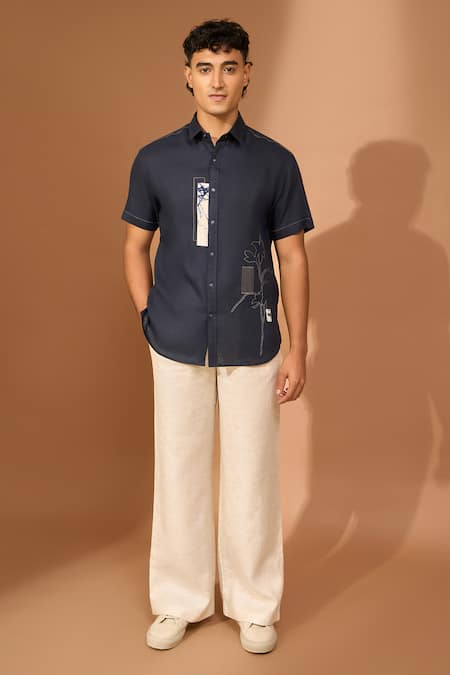 Vivek Karunakaran Blue Linen Embroidery, Applique Floral Patch Shirt 