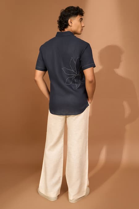 Shop Vivek Karunakaran Blue Linen Embroidery, Applique Floral Patch Shirt at Aza Fashions Shop_Vivek Karunakaran_Blue Linen Embroidery, Applique Floral Patch Shirt _at_Aza_Fashions