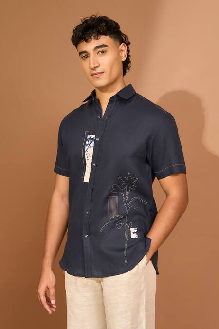 Vivek Karunakaran Blue Linen Embroidery, Applique Floral Patch Shirt Online at Aza Fashions Vivek Karunakaran_Blue Linen Embroidery, Applique Floral Patch Shirt _Online_at_Aza_Fashions