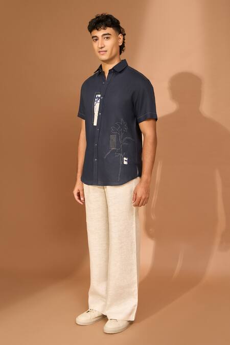 Shop Vivek Karunakaran Blue Linen Embroidery, Applique Floral Patch Shirt Online at Aza Fashions Shop_Vivek Karunakaran_Blue Linen Embroidery, Applique Floral Patch Shirt _Online_at_Aza_Fashions