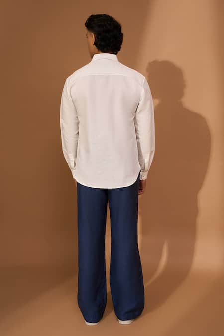 Shop Vivek Karunakaran White Cotton, Linen Embroidery Circular Motif Shirt at Aza Fashions Shop_Vivek Karunakaran_White Cotton, Linen Embroidery Circular Motif Shirt _at_Aza_Fashions