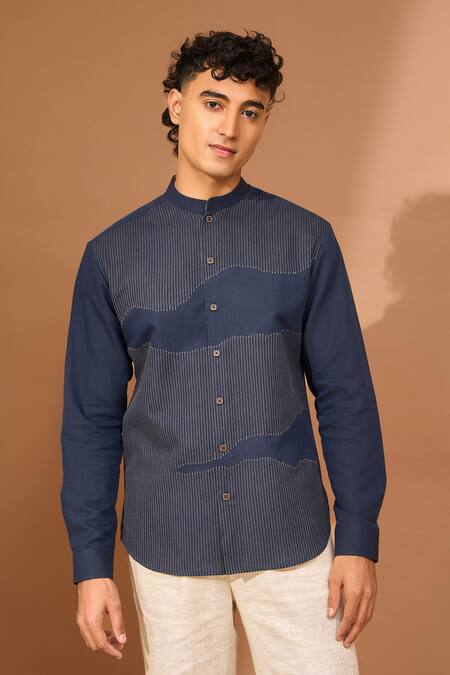 Vivek Karunakaran_Blue Linen Wave Ray Stitch Embroidered Shirt _Online_at_Aza_Fashions
