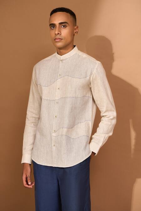 Vivek Karunakaran_Cream Linen Embroidery Mystic Wave Ray Stitch Shirt _Online_at_Aza_Fashions