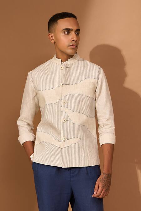 Vivek Karunakaran Beige Linen Embroidery Wave Ray Stitch Bundi Online at Aza Fashions Vivek Karunakaran_Beige Linen Embroidery Wave Ray Stitch Bundi _Online_at_Aza_Fashions