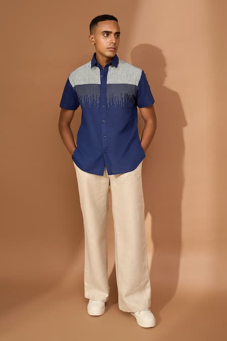 Vivek Karunakaran Blue Linen Embroidery Stitch Patch And Ray Shirt 