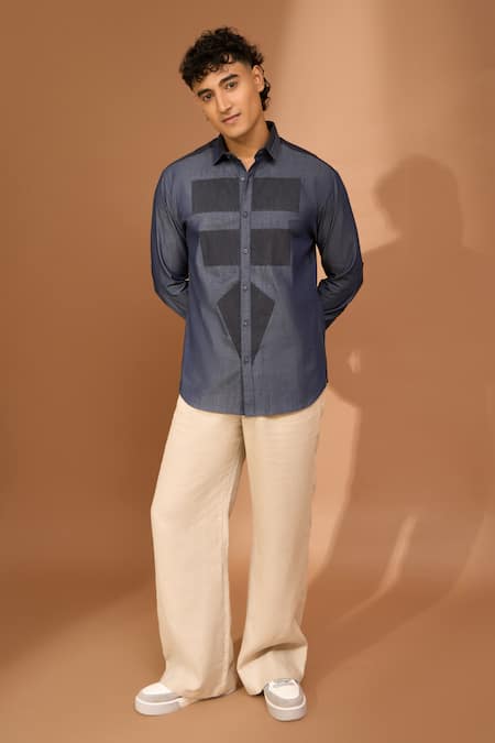 Buy Vivek Karunakaran Grey Cotton Embroidery Colorblocked Geometric Shape Patch Shirt Online at Aza Fashions Buy_Vivek Karunakaran_Grey Cotton Embroidery Colorblocked Geometric Shape Patch Shirt _Online_at_Aza_Fashions