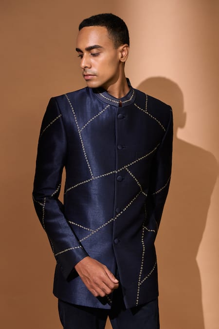 Vivek Karunakaran_Blue Silk Embroidery Bandhani Line Bandhgala _Online_at_Aza_Fashions