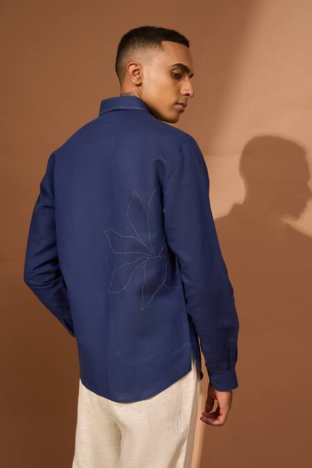 Vivek Karunakaran Blue Linen Embroidery, Applique Floral Kalamkari Patch And Stitch Detail Shirt Online at Aza Fashions Vivek Karunakaran_Blue Linen Embroidery, Applique Floral Kalamkari Patch And Stitch Detail Shirt _Online_at_Aza_Fashions