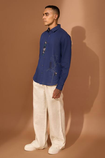 Buy Vivek Karunakaran Blue Linen Embroidery, Applique Floral Kalamkari Patch And Stitch Detail Shirt Online at Aza Fashions Buy_Vivek Karunakaran_Blue Linen Embroidery, Applique Floral Kalamkari Patch And Stitch Detail Shirt _Online_at_Aza_Fashions