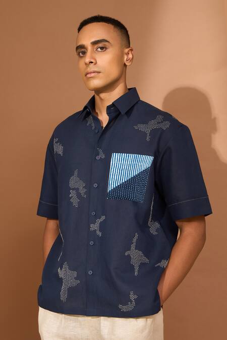 Vivek Karunakaran Blue Linen Embroidery, Patchwork Shatter Kantha Shirt Online at Aza Fashions Vivek Karunakaran_Blue Linen Embroidery, Patchwork Shatter Kantha Shirt _Online_at_Aza_Fashions