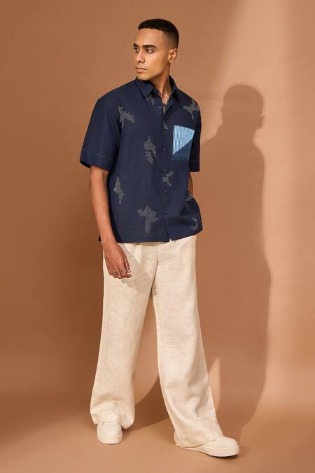 Buy Vivek Karunakaran Blue Linen Embroidery, Patchwork Shatter Kantha Shirt Online at Aza Fashions Buy_Vivek Karunakaran_Blue Linen Embroidery, Patchwork Shatter Kantha Shirt _Online_at_Aza_Fashions