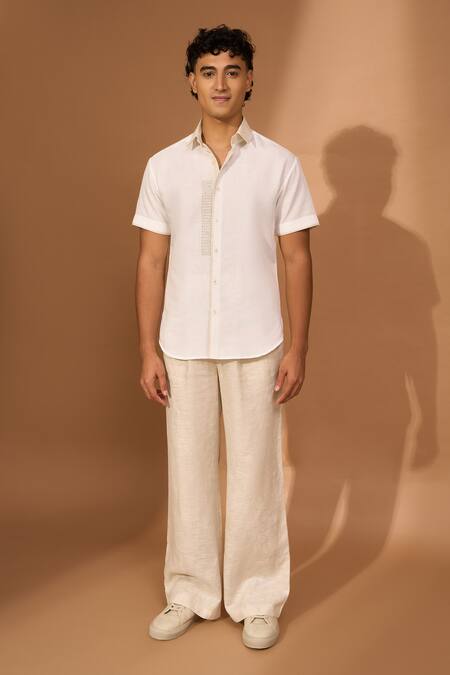 Shop Vivek Karunakaran White Cotton, Linen Embroidery Placement Bandhani Shirt Online at Aza Fashions Shop_Vivek Karunakaran_White Cotton, Linen Embroidery Placement Bandhani Shirt _Online_at_Aza_Fashions