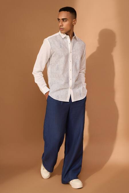 Buy_Vivek Karunakaran_White Cotton, Linen Smudge Print Shirt _Online_at_Aza_Fashions