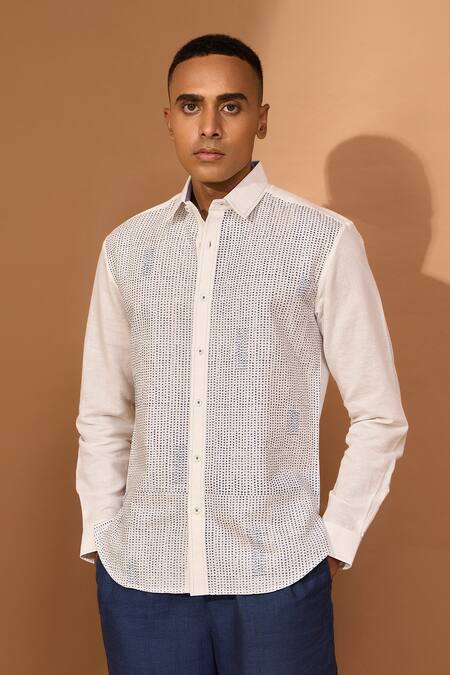 Shop_Vivek Karunakaran_White Cotton, Linen Smudge Print Shirt _Online_at_Aza_Fashions