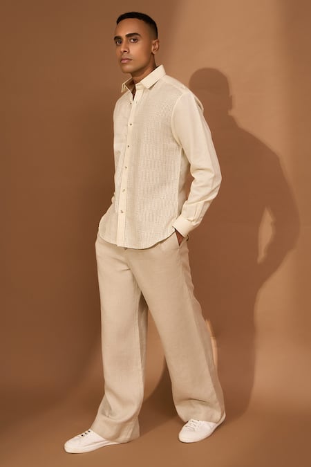 Vivek Karunakaran_Cream Cotton, Linen Smudge Print Shirt _Online_at_Aza_Fashions
