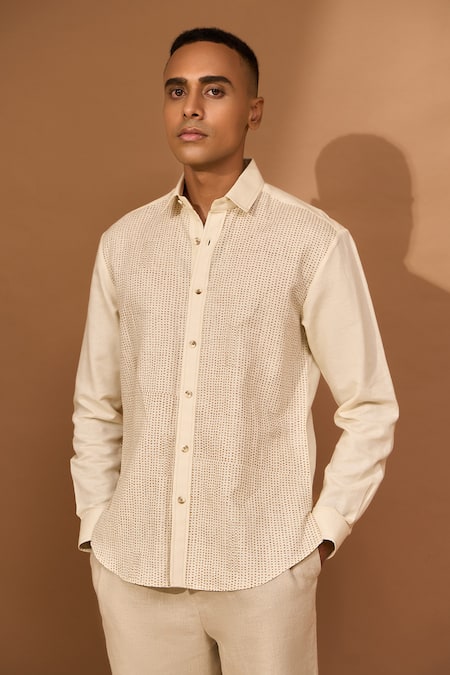 Buy_Vivek Karunakaran_Cream Cotton, Linen Smudge Print Shirt _Online_at_Aza_Fashions