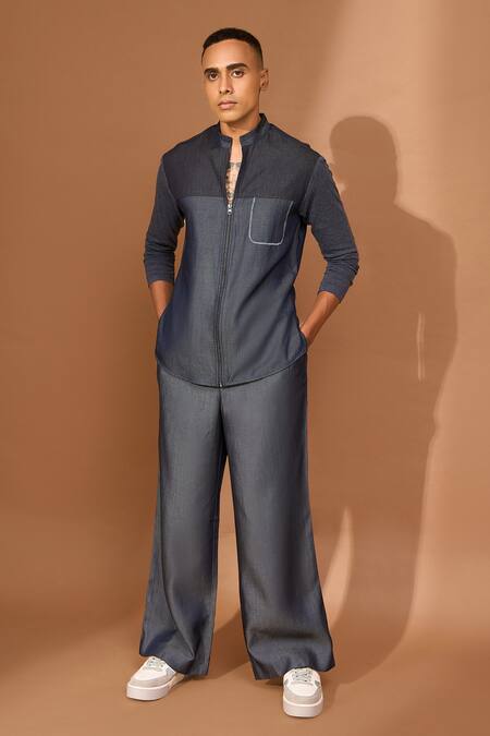 Buy_Vivek Karunakaran_Blue Denim, Tencel Embroidery Pocket Shape Front Zipper Shirt _Online_at_Aza_Fashions
