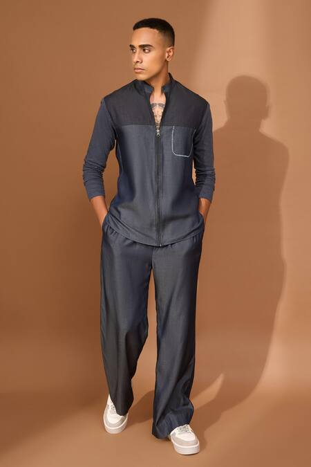 Shop_Vivek Karunakaran_Blue Denim, Tencel Embroidery Pocket Shape Front Zipper Shirt _Online_at_Aza_Fashions