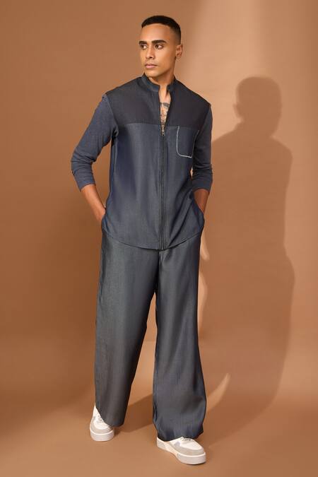 Buy_Vivek Karunakaran_Blue Denim, Tencel Embroidery Pocket Shape Front Zipper Shirt 