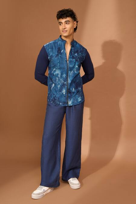 Buy_Vivek Karunakaran_Blue Poplin Tie Dye Pattern Front Zipper Shirt _Online_at_Aza_Fashions