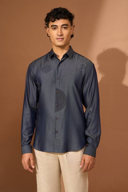 Vivek Karunakaran_Blue Denim, Tencel Embroidery Circular Patch Shirt _Online_at_Aza_Fashions