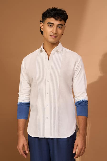 Vivek Karunakaran_White Linen Embroidery Pintucked And Ombre Sleeve Hem Detail Shirt _Online_at_Aza_Fashions