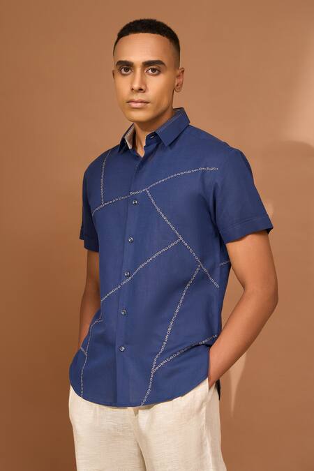 Vivek Karunakaran_Blue Cotton, Linen Embroidery Bandhani Shirt _Online_at_Aza_Fashions