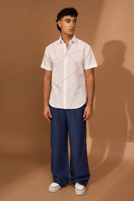 Buy_Vivek Karunakaran_White Cotton, Linen Embroidery Geometric Bandhani Shirt _Online_at_Aza_Fashions