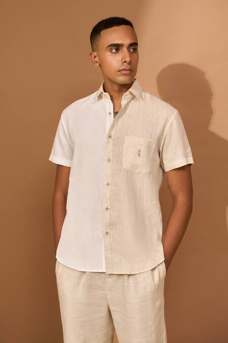 Buy_Vivek Karunakaran_White Cotton, Linen Embroidery Colorblocked Darn Stitch Shirt _Online_at_Aza_Fashions