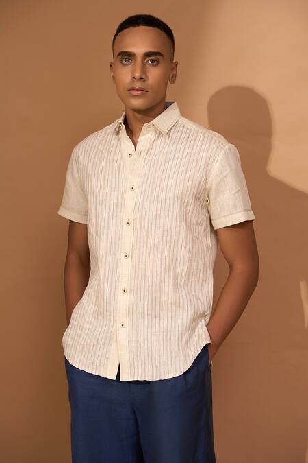 Vivek Karunakaran Beige Linen Embroidery Stitchline Shirt Online at Aza Fashions Vivek Karunakaran_Beige Linen Embroidery Stitchline Shirt _Online_at_Aza_Fashions