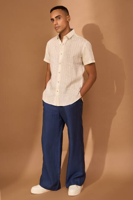 Buy Vivek Karunakaran Beige Linen Embroidery Stitchline Shirt Online at Aza Fashions Buy_Vivek Karunakaran_Beige Linen Embroidery Stitchline Shirt _Online_at_Aza_Fashions