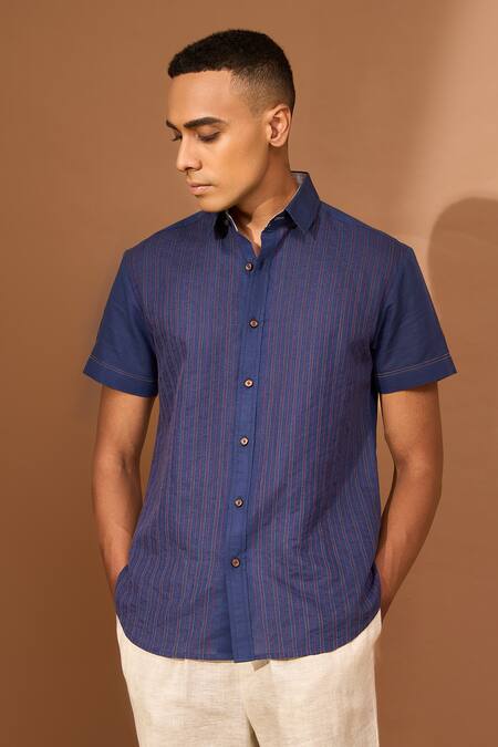 Vivek Karunakaran_Blue Linen Embroidery Stitch Work Shirt _Online_at_Aza_Fashions