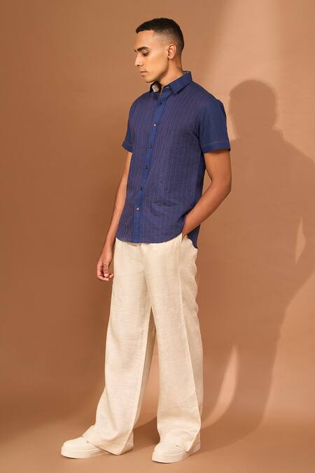 Buy_Vivek Karunakaran_Blue Linen Embroidery Stitch Work Shirt _Online_at_Aza_Fashions