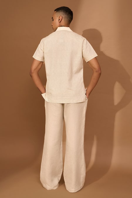 Shop_Vivek Karunakaran_Cream Linen Printed Smudge Shirt _at_Aza_Fashions