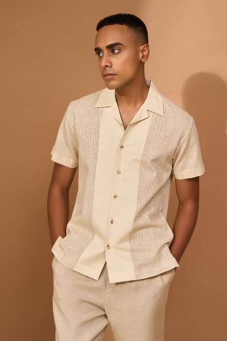 Vivek Karunakaran_Cream Linen Printed Smudge Shirt _Online_at_Aza_Fashions