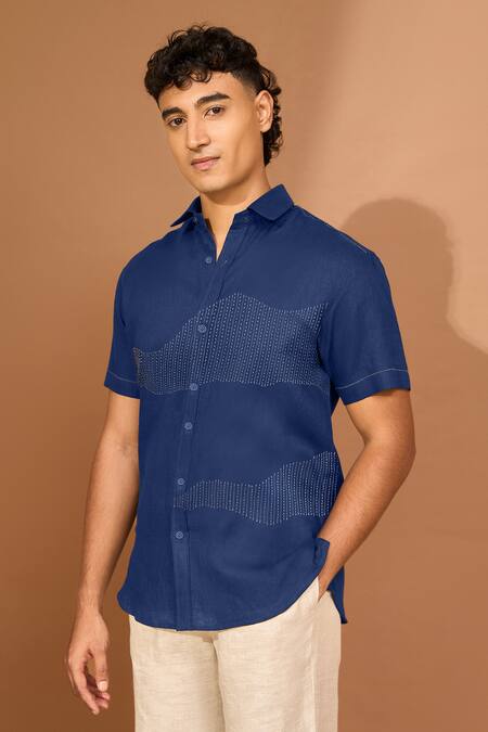 Vivek Karunakaran Blue Linen Embroidery Wave Shirt Online at Aza Fashions Vivek Karunakaran_Blue Linen Embroidery Wave Shirt _Online_at_Aza_Fashions