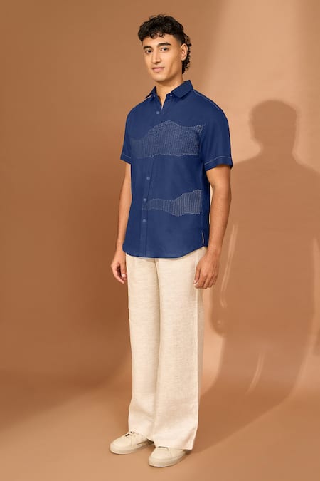 Buy Vivek Karunakaran Blue Linen Embroidery Wave Shirt Online at Aza Fashions Buy_Vivek Karunakaran_Blue Linen Embroidery Wave Shirt _Online_at_Aza_Fashions